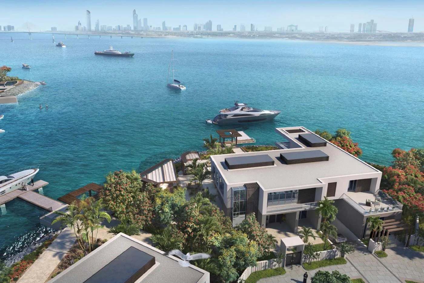 Waterfront mansion with yacht and Abu Dhabi skyline