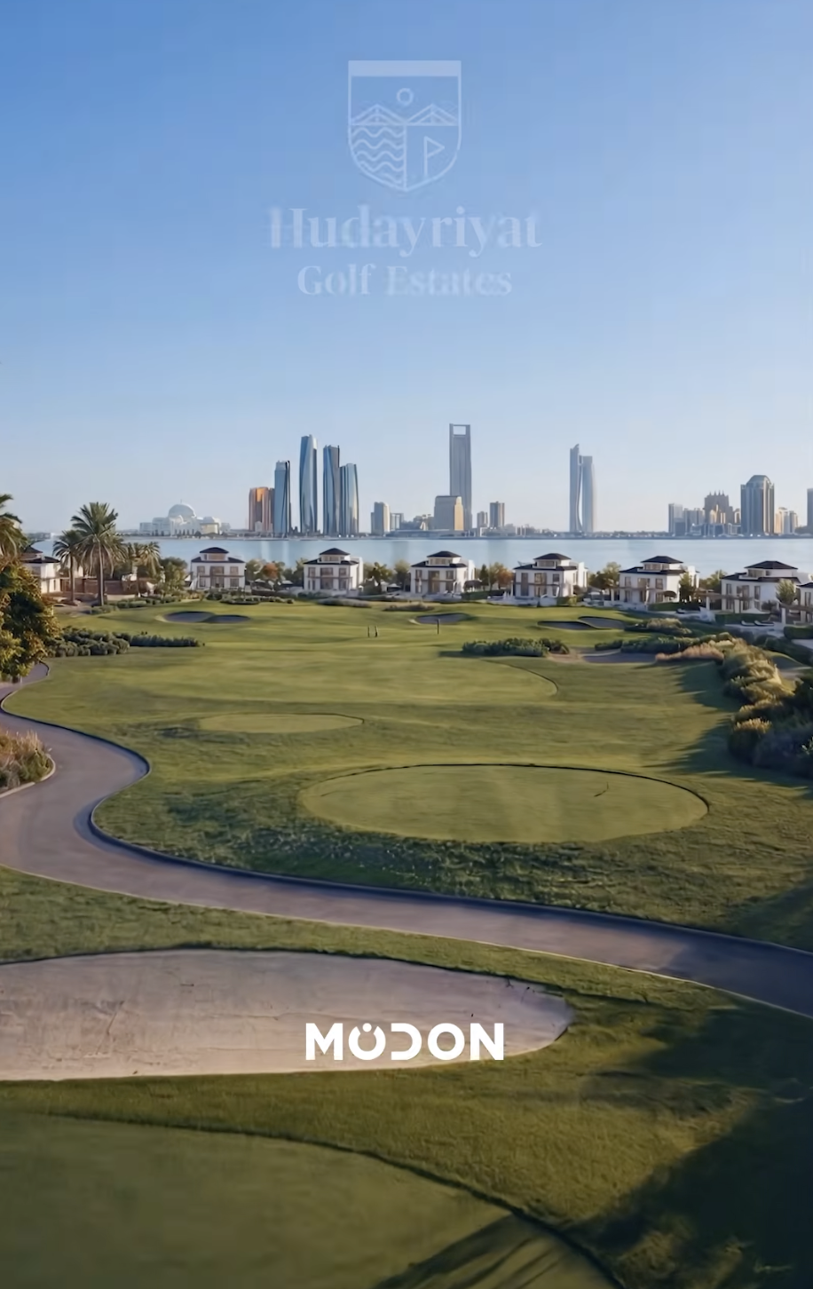 Hudayriyat Golf Estates — championship golf course with Abu Dhabi skyline
