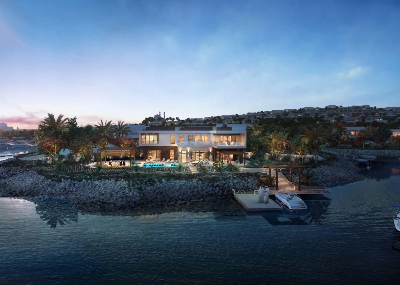 Hudayriyat waterfront villa at dusk with private jetty